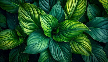 Close-up of vibrant green leaves with prominent veins, creating a lush, organic, and textured botanical display