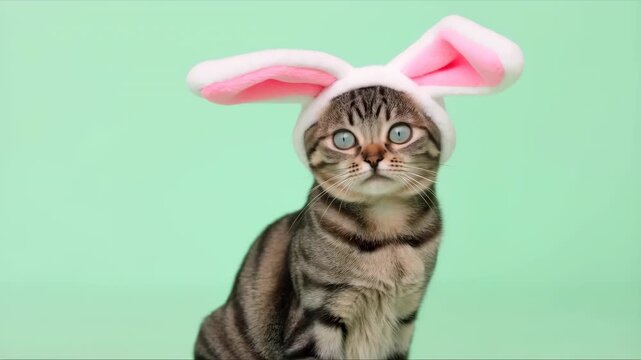 Adorable Kitten With Bunny Accessories. Pet Portrait Featuring Curious Kitten With Festive Accessories