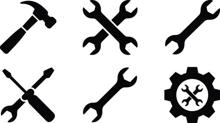 Black silhouette icons of professional hand tools including hammers wrenches screwdrivers and gears for construction maintenance engineering and technical workshop service.