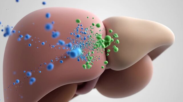 This 3D medical animation illustrates the human liver's crucial role in processing substances and maintaining health.