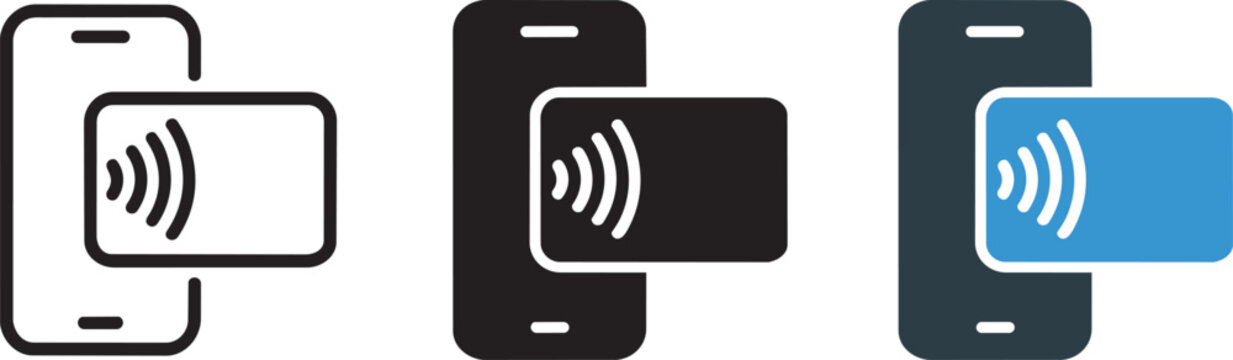 Contactless payment icon set phone and card outline solid blue variations