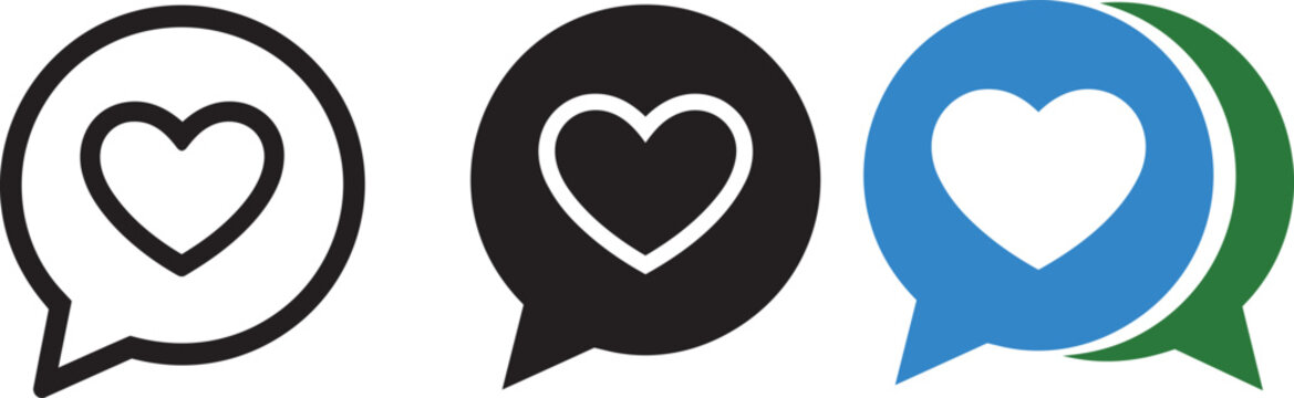 Message bubble with heart icon representing likes and comments in three distinct design styles