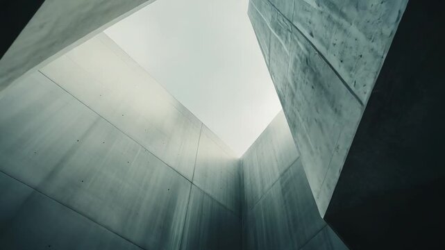 Concrete walls creating a striking abstract composition with bold brutalist geometry and sharp lines, framing a bright sky above and forming a powerful visual statement
