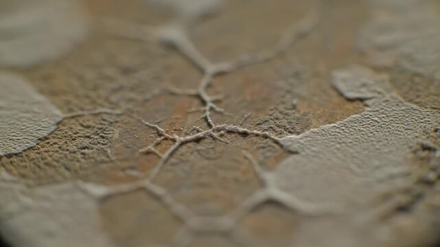 This macro time-lapse captures the abstract growth of white mold or fungus. Intricate patterns spread on a textured surface, showcasing organic expansion and microbial life.