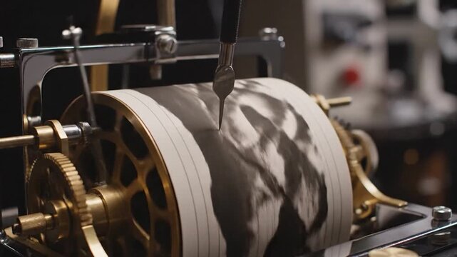 A seismograph needle drawing a line on a rotating drum paper.