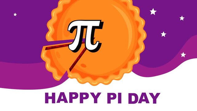 Happy Pi Day background featuring pie with pi symbol and sliced piece on purple night backdrop. Perfect for March 14 math celebration, STEM education, classroom activities and learning events.