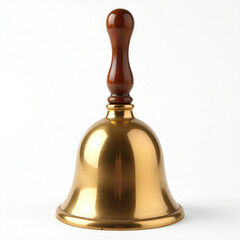 A polished brass bell with a wooden handle, standing against a white background.