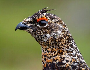 Close-up profile of a mottled brown and orange bird head with black beak and small red patch above the eye