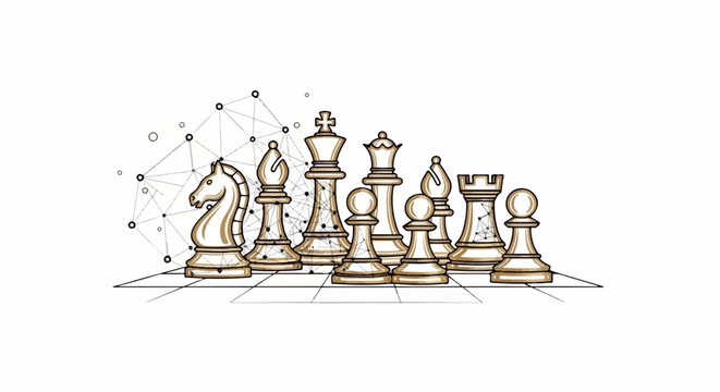 Golden chess pieces with a digital network overlay on a board