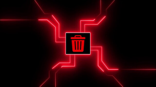 Red Neon Trash Can Icon on Digital Circuit Board, Delete Data Concept, Technology Background