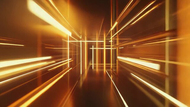 Glowing tunnel of interlaced lines and grids forming a futuristic digital corridor, evoking data streams, connectivity, and high tech motion in warm golden tones