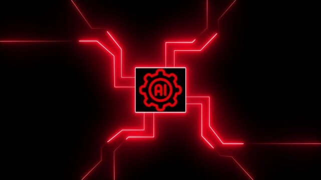 Glowing Red AI Circuit Board Symbol with Neon Lines, Technology and Artificial Intelligence Concept