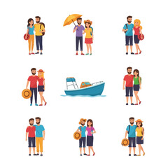 Fototapeta premium Couples standing together, one with an umbrella, and a boat.