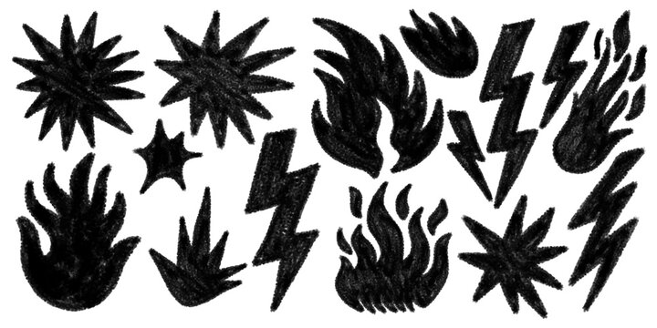 Hand drawn fire and lightning bolt elements with crayon texture on white background