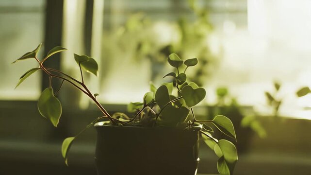 Houseplant leaves backlit by warm morning sun, glowing with soft bokeh and lens flare, creating a cozy, tranquil indoor atmosphere of freshness and calm