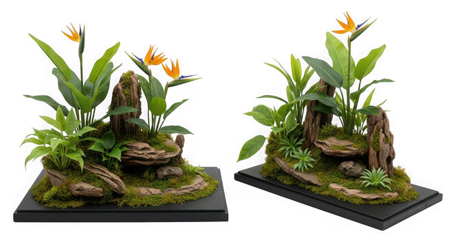 3d tropical bird of paradise plant dioramas isolated on transparent background