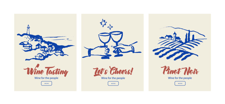 Hand drawn crayon doodle wine poster set. Vector sketch line art illustration. Mediterranean food and drink banners