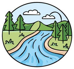 Stylized River and Forest Landscape in a Circle With Hills and Clouds