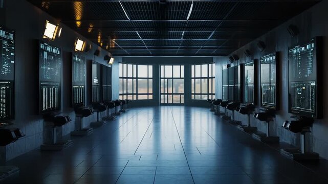 Modern control room featuring multiple large screens displaying intricate data and dashboards, standing ready for operation and supervision of advanced technological systems