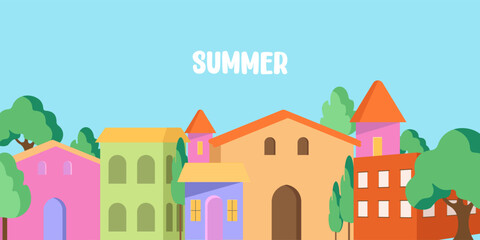 Abstract tropical summer template. Poster design with palm tree, leaf, sun, sand beach in minimal style. Colorful summer vacation and travel backgrounds. Bright modern vector illustration 