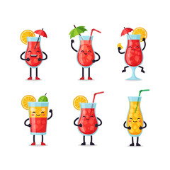 Fototapeta premium Six cartoon cocktails with arms, legs, and faces, some with umbrellas.