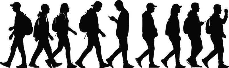 Diverse collection of business people silhouettes and flat vector illustrations standing in line and facing forward for recruitment human resources and community teamwork concept