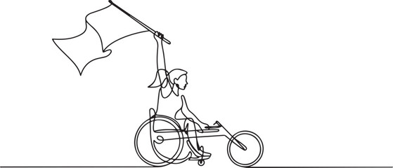 Naklejka premium Single one line drawing young amputee woman with body injuries raising flag. Disabled athlete sitting on racing wheelchair, disabled sportswoman. one line Icon drawing