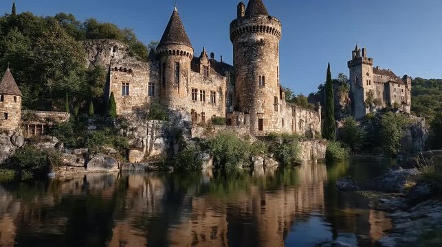 Stunning castle and turrets on the waters edge reflecting in the serene lake below featuring ancient architecture and clear blue skies