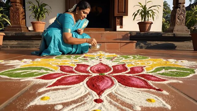 Video of Woman Creating Colorful Rangoli on Tiled Floor.