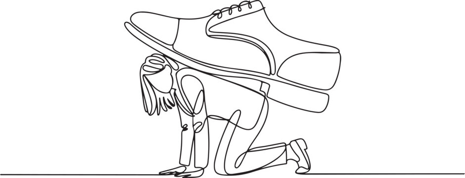 Single continuous line drawing businesswoman crawling under giant foot trample. Female employee oppressed by the boss with under big shoe. one line Icon drawing