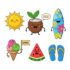 Fototapeta premium Kawaii summer icons including sun ice cream watermelon surfboard and flip flops.