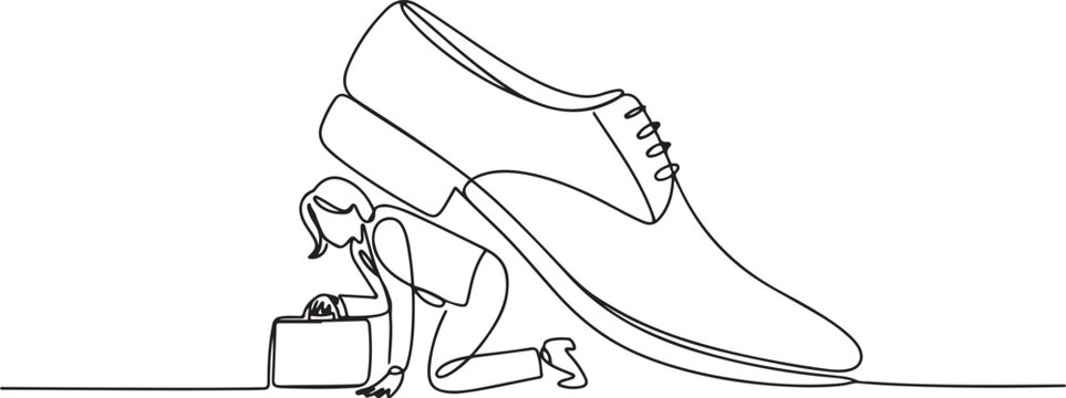 Single continuous line drawing businesswoman crawling under giant foot trample. Female employee oppressed by the boss with under big shoe. one line Icon drawing