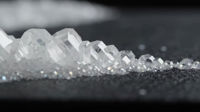 Transparent crystals in a size gradient on a dark background. Facets sparkle, reflecting light.