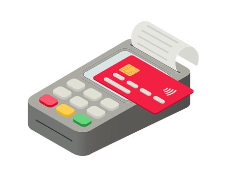 POS Payment terminal isometric icon. Payment by credit card using POS terminal illustration. Contactless payment terminal vector symbol