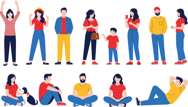 Flat Vector Illustration Set of Casual People Figures Standing Sitting and Relaxing in Red and Blue Outfits Isolated on White Background for Architectural Entourage