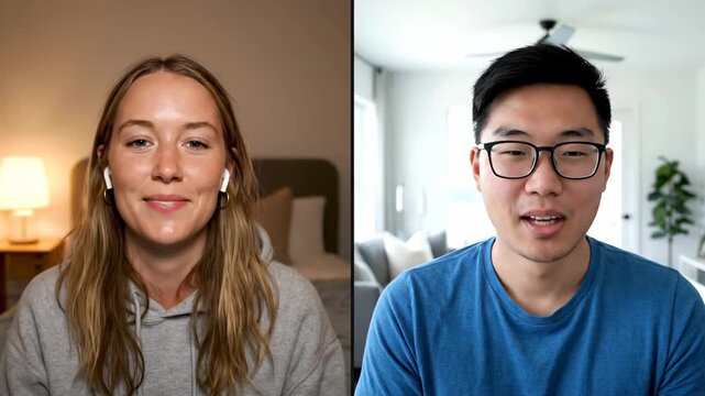 Two cheerful individuals engage in a virtual conversation, sharing smiles and laughter during a remote online meeting.