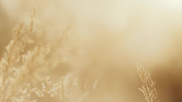 Dry grass panicles glowing in golden hour light, soft bokeh and warm tones of sunrise or sunset over a tranquil meadow, peaceful pastoral scene with copy space