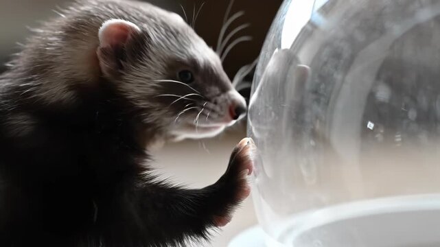 Ferret curiously sniffs a clear plastic object, close-up view.