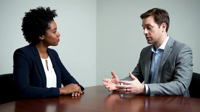 Two diverse business professionals engaged in a serious conversation or interview at a conference table.