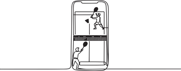Fototapeta premium Single one line drawing badminton court with two players hitting shuttlecock with their racquets on smartphone screen. Professional sports competition. one line Icon drawing