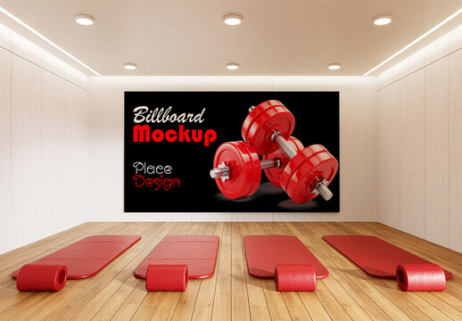 Indoor Gym Billboard Mockup with Yoga Mats and Weight