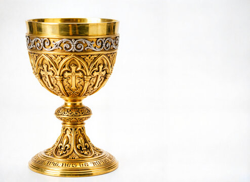 golden holy grail in the medieval gothic style, on a pure white background