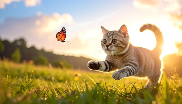 A cat playfully chasing a butterfly in a sunny meadow