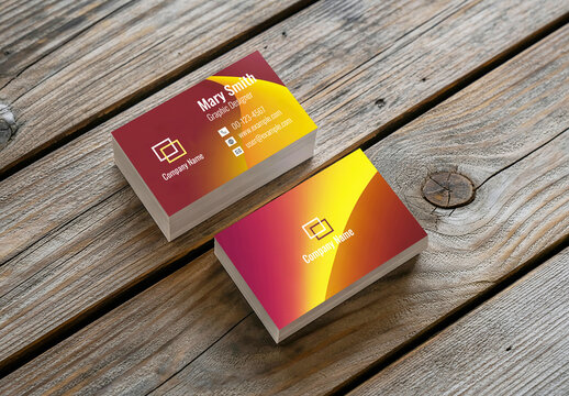 Modern Gradient Business Card Mockup on Wooden Surface