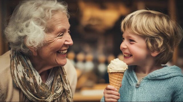 Grand mother and nephew having icream