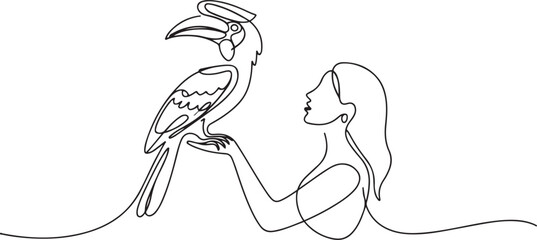 Continuous one line drawing the great hornbill bird perched on hand of woman. The crested has a large yellow beak. Big colorful bird. Woman Holding Bird. one line Icon drawing © Nargis