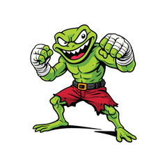 Obraz premium Angry Green Frog Boxer Mascot Character in Fighting Stance with Red Shorts and Hand Wraps