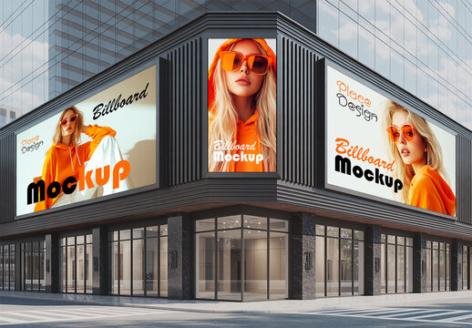 Triple urban billboard mockup on modern building corner