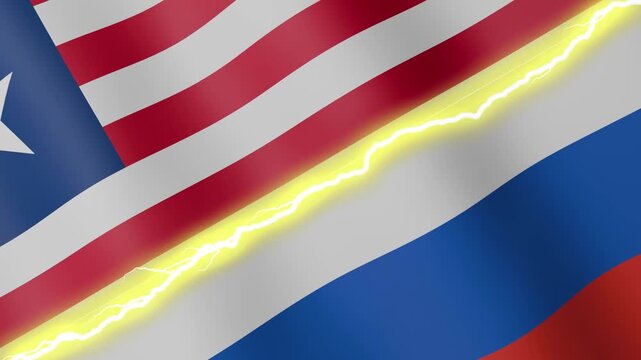 Two waving flags Liberia and Russia with diagonal lightning seamless, 4k loop