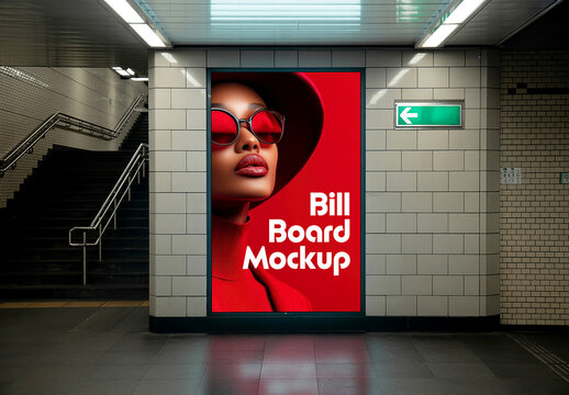 Vertical Billboard Mockup in Modern Subway Station